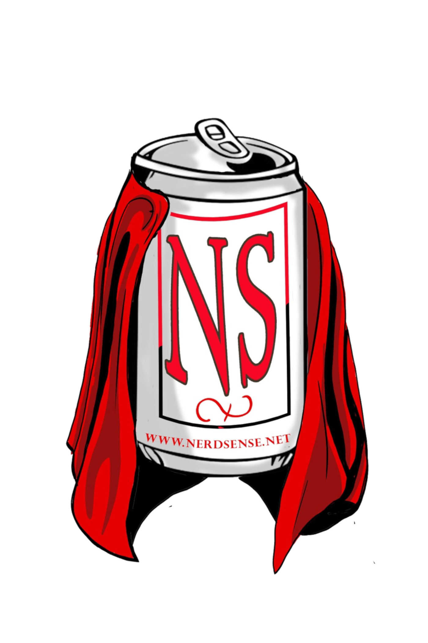 A beer can with a red cape and the letters NS representing Nerdsense with www.nerdsense.net at the bottom.